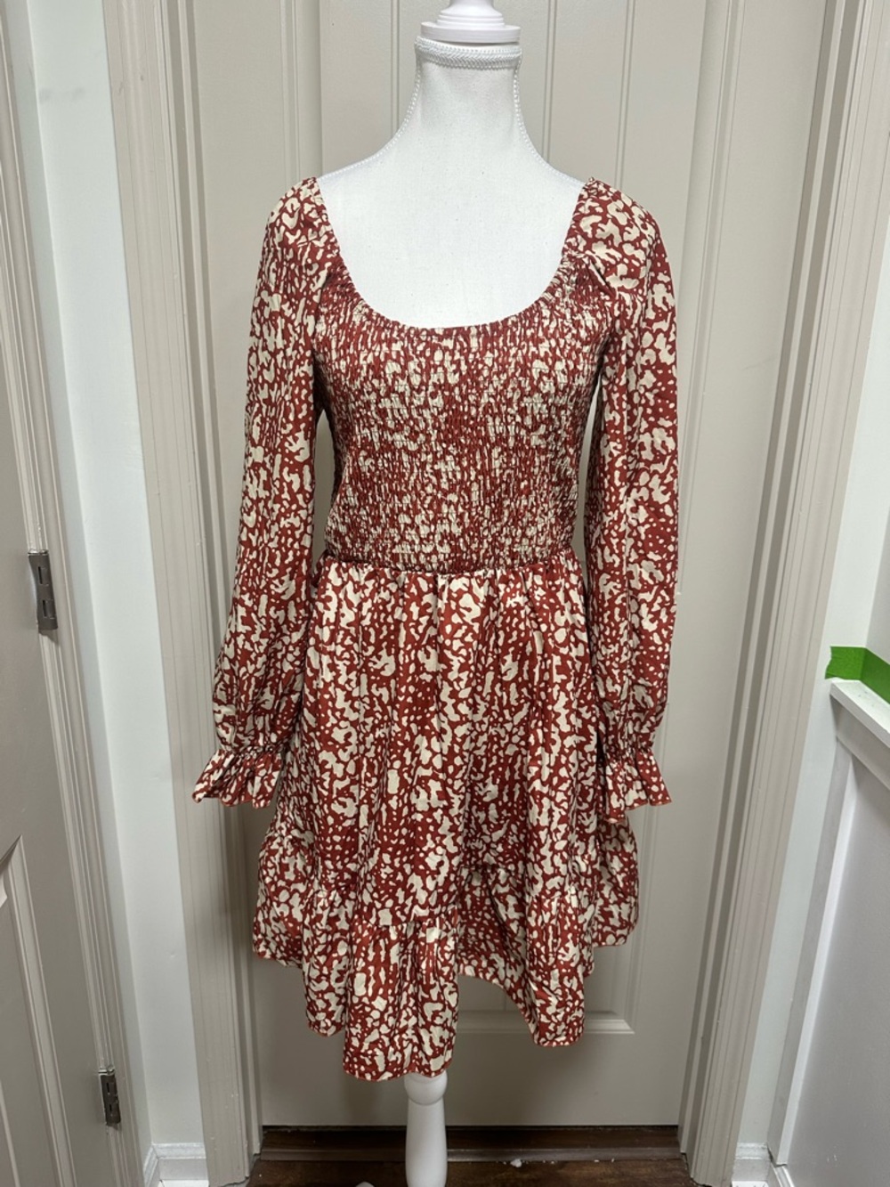 Rust and Cream Smocked Long-Sleeve Tiered Dress